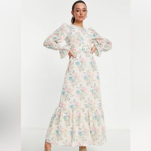 belted maxi dress with pephem with floral broderie